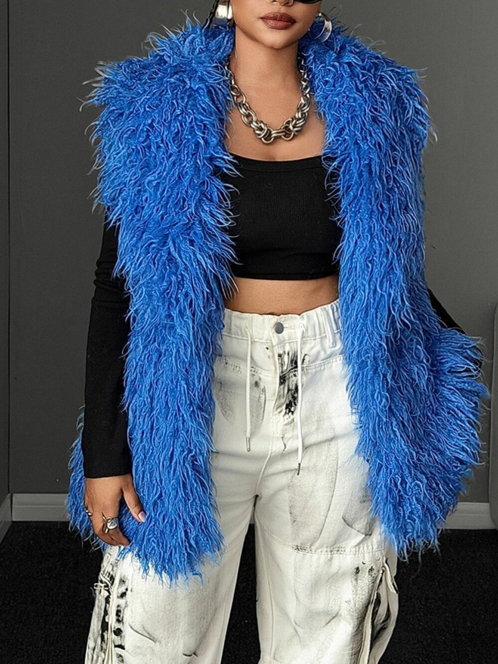 Teal Blue Women's Tie Dye Single Breasted Regular Fit Feather Lined Jacket Vest